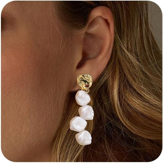 FUNEIA Statement Gold Pearl Earrings for Women Trendy 14K Gold Plated Dangle Earrings Elegant For... | Amazon (US)
