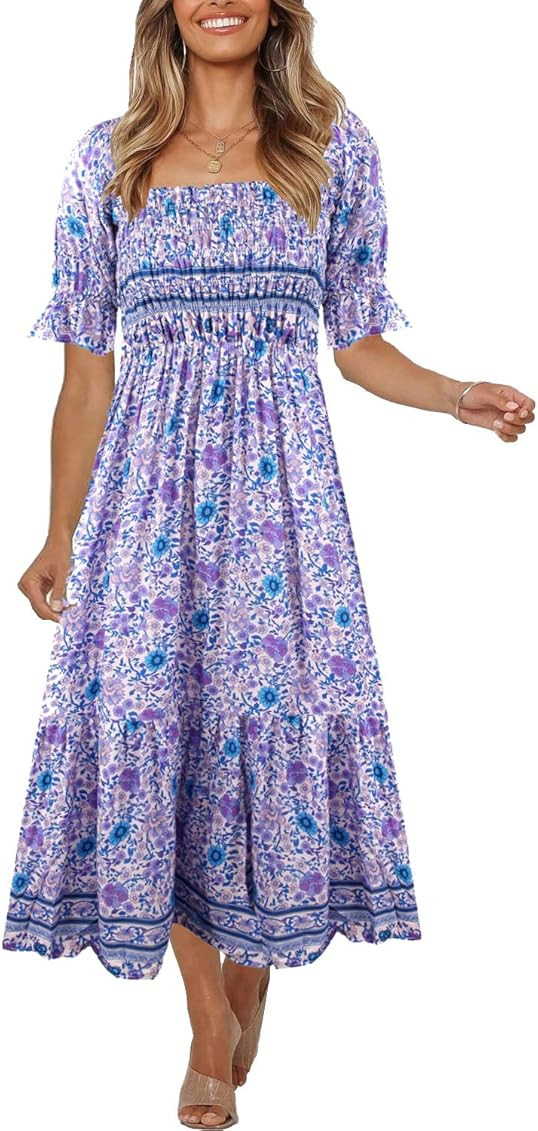 Women's Summer Bohemian Square Neck Floral Print Ruffle Vintage Flowy Beach Vacation Long Midi Boho  | Amazon (US)