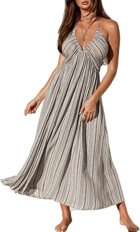 CUPSHE Women's Backless Paisley Floral Beach Dress Halter Neck Ruffle Plunging V Spaghetti Straps... | Amazon (US)