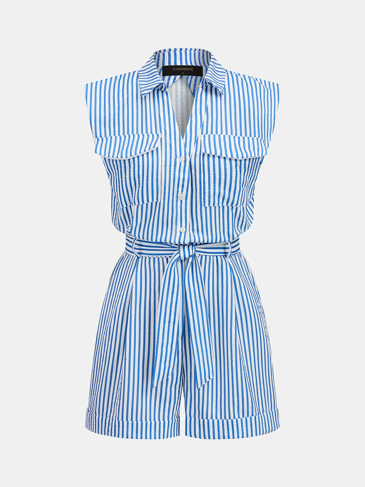 Striped Sleeveless Belted Cotton Shirt Romper | Commense