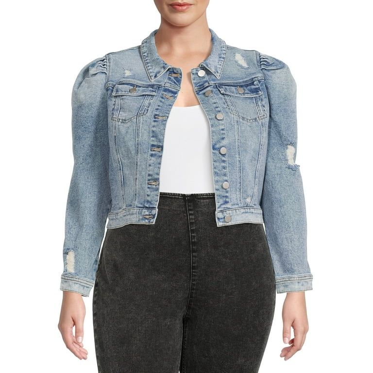 No Boundaries Juniors' Plus Size Destructed Puff Sleeve Denim Jacket | Walmart (US)