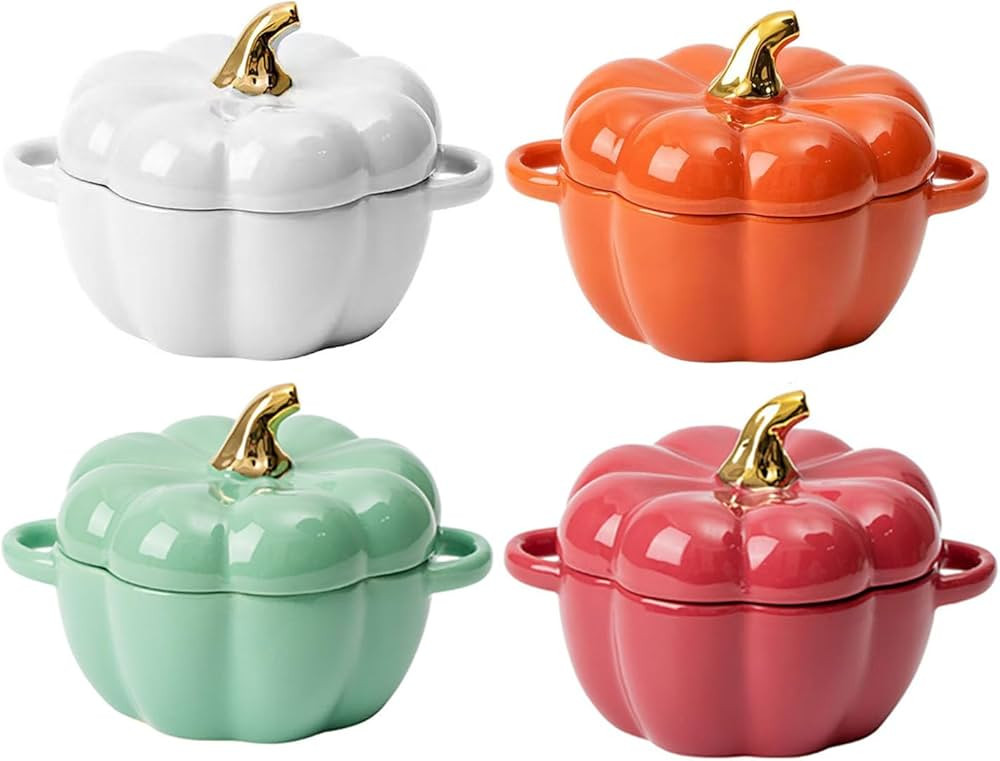 Pumpkin Bowl Set with Lid and Handle, Set of 4 Ceramic Ramekins for Baking, Casserole Dish Indivi... | Amazon (US)