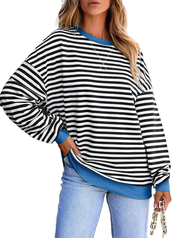 AlvaQ Womens Oversized Sweatshirt 2024 Casual Crewneck Long Sleeve Colorblock Striped Pullover Tu... | Amazon (US)