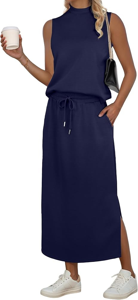 GRECERELLE Two Piece Skirt Sets for Women Sleeveless Mock Neck Top Split Maxi Skirt Vacation Trav... | Amazon (US)
