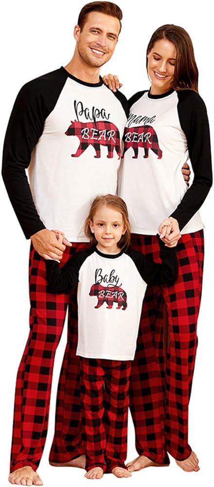IFFEI Matching Family Pajamas Sets Christmas PJ's Letter Print Top and Plaid Pants Jammies Sleepw... | Amazon (US)