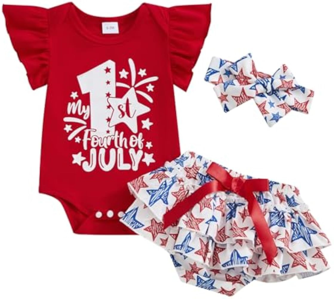4th of July Baby Girl Outfit My 1st 4th of July Ruffle Short Sleeve Romper Shorts Fourth of July ... | Amazon (US)