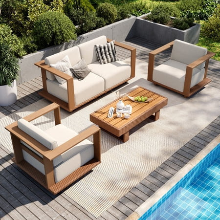 Alpha Joy 5 Pieces HDPE Patio Furniture Set with Wide Wicker Iron Seat & Thick Cushions, Brown & Beige | Walmart (US)