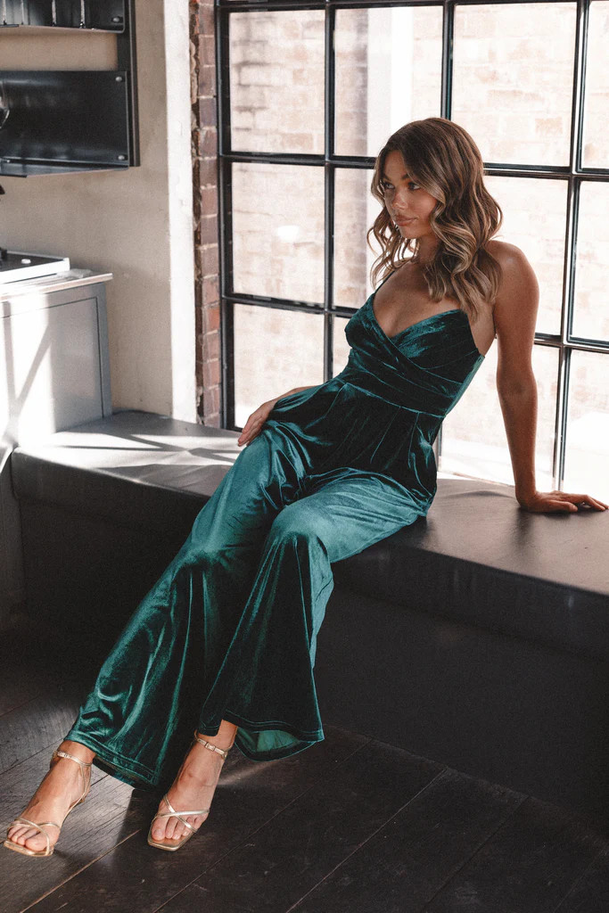Quinnie Velvet Jumpsuit - Emerald | Petal & Pup (US)