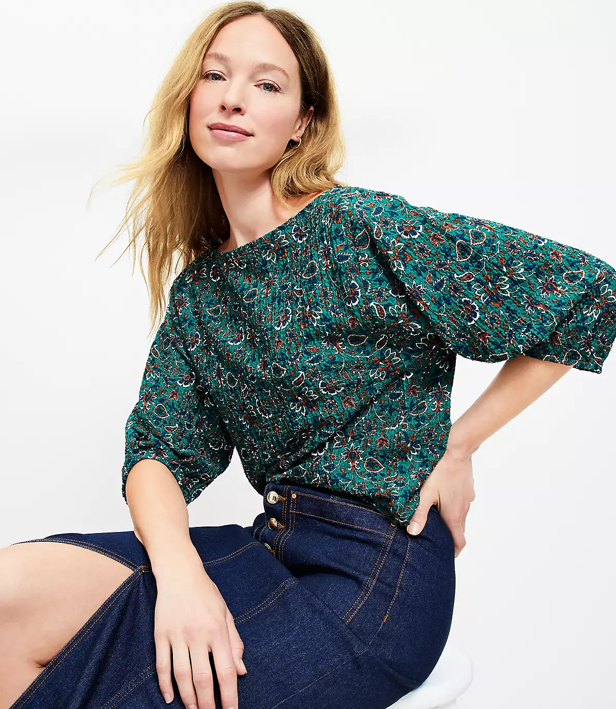 Vine Pleated Elbow Sleeve Top | LOFT