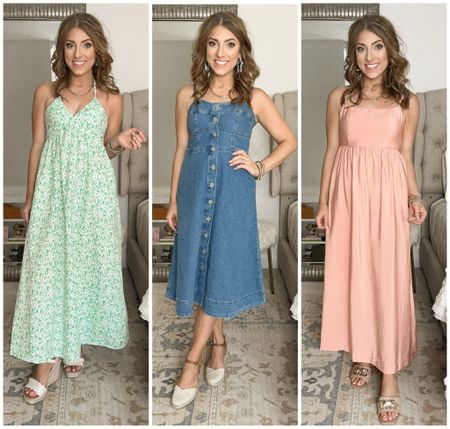 New target dresses! The best part is that they are all 20% off currently. I’m wearing my true size in the denim and sized down a size in the other two. So cute and I love the style!

Target style. Denim dress. Midi dress. Summer dress. LTK under 50. 