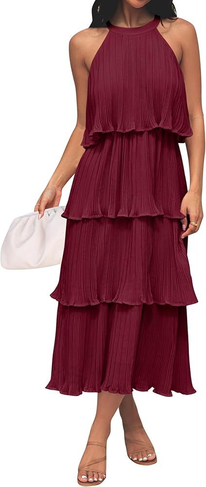 ZESICA Women's 2024 Summer Sleeveless Halter Neck Ruffle Tiered Layed Chiffon Flowy Swing Long Mi... | Amazon (US)