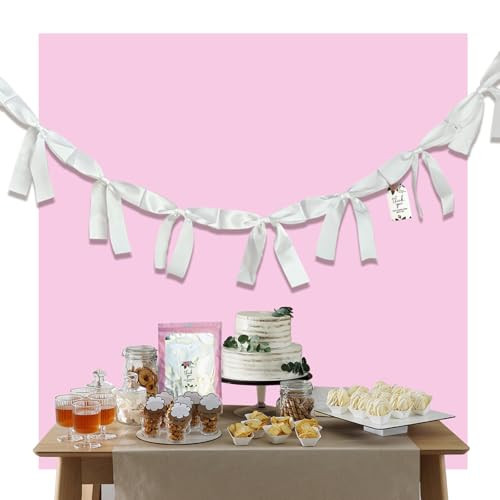 Eanjia Pre-Assembled White Bow Garland - 6ft Elegant Church Wedding Decor, Baby Shower Banner & Bridal Shower Backdrop, Thick Satin No DIY Needed! Baby Room Bed Decor (White, 6ft) | Amazon (US)