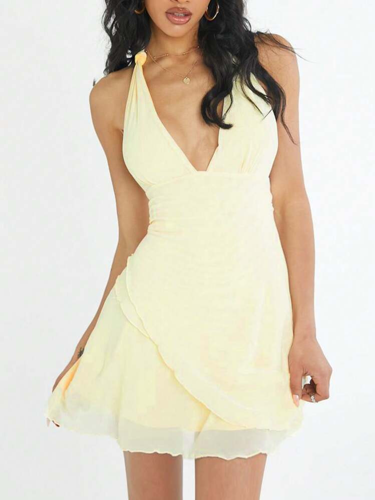 SHEIN EZwear Women Light Yellow Mesh Halter Dress,Summer Dresses For Women,Tea Party Dress,Pastel Dresses For Women | SHEIN