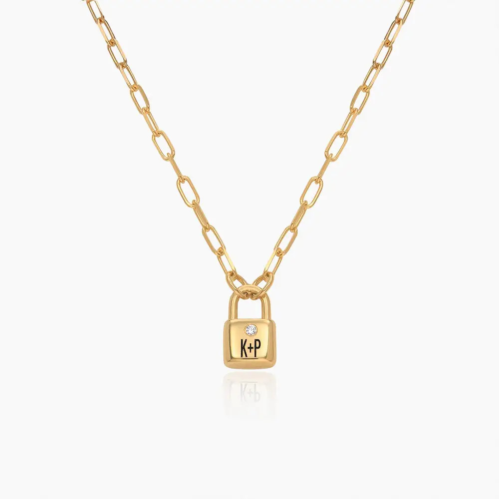 Initial Lock Necklace with Diamonds - Gold Plated | Oak & Luna (US)