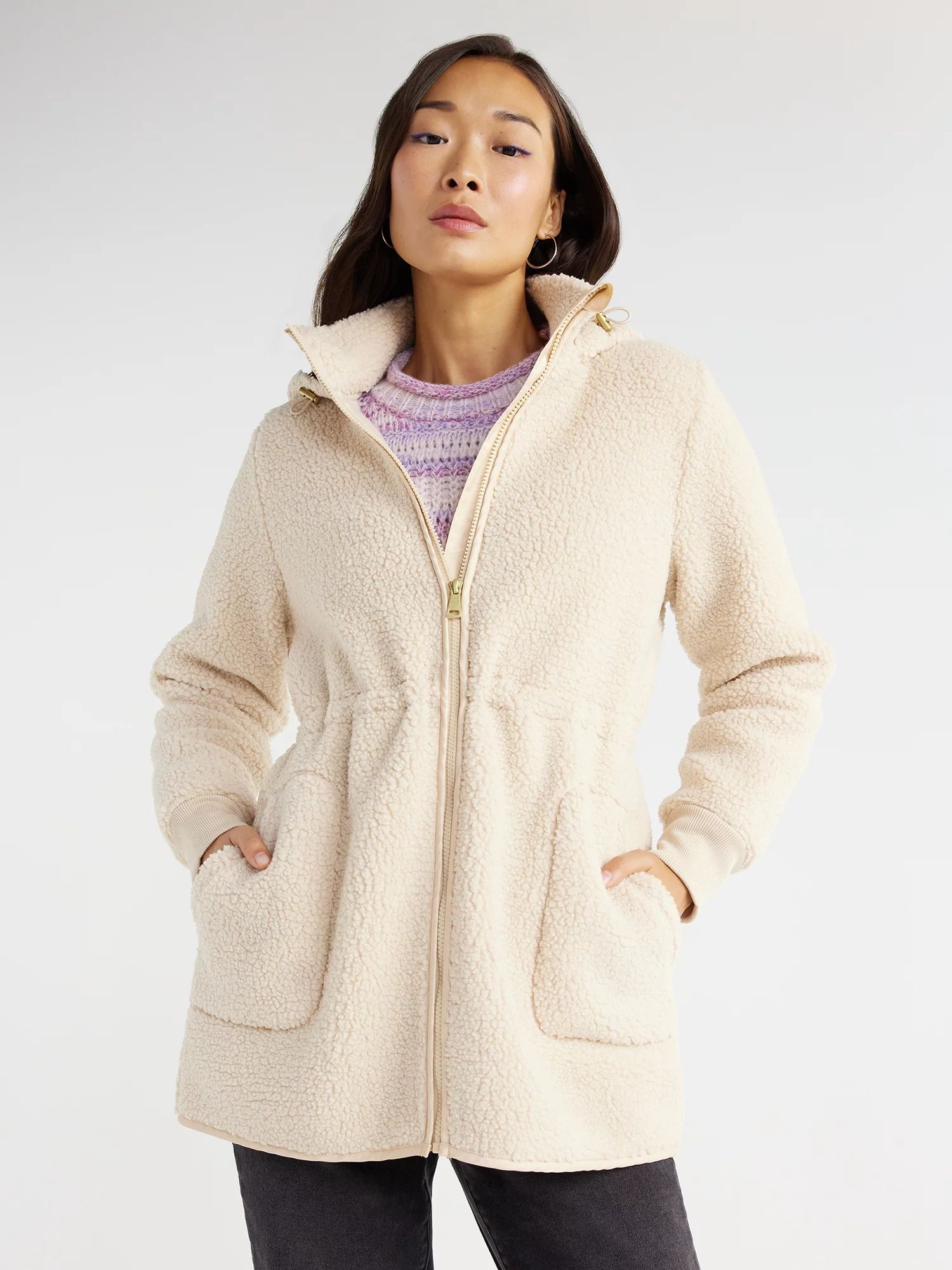 Time and Tru Women’s Faux Sherpa Jacket with Hood, Sizes S-2X - Walmart.com | Walmart (US)