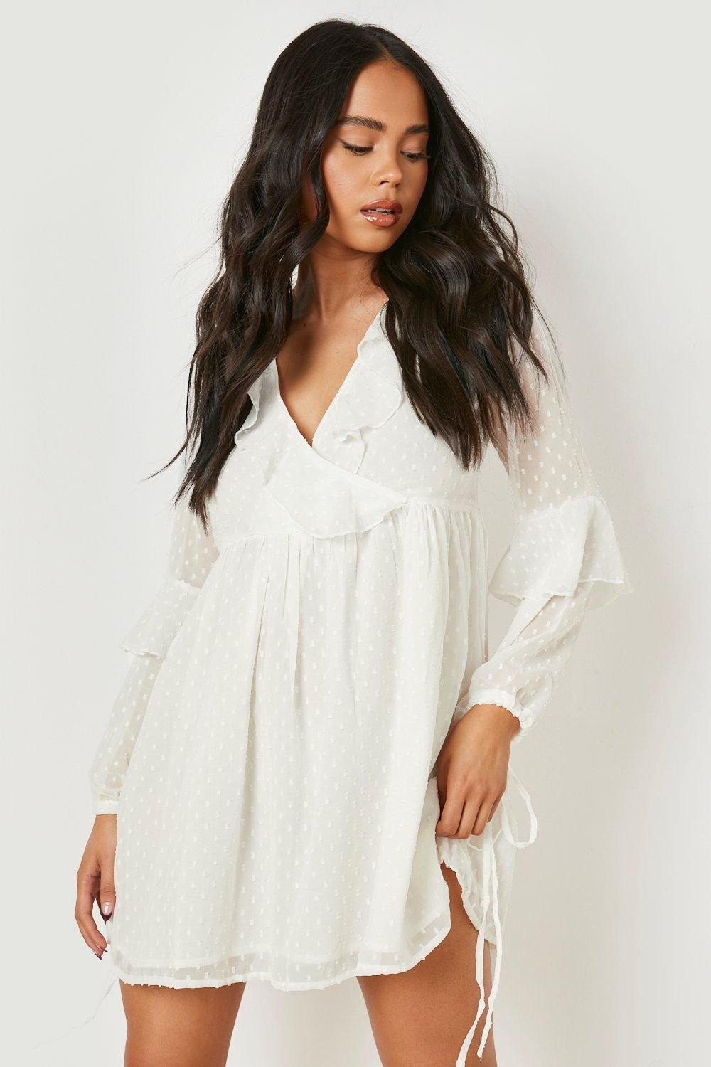 Womens Petite Dobby Ruffle Wrap Peplum Skater Dress - White - 4 | Boohoo.com (US & CA)