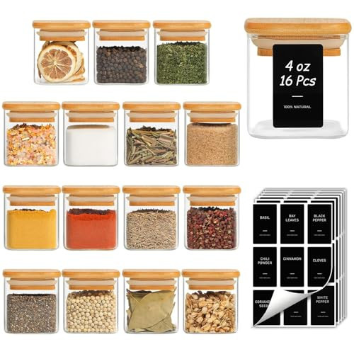 ComSaf 16Pcs Spice Jars with Labes, Glass Jar with Bamboo Lid, 4oz Airtight Square Spice Containers with Black Lables, Empty Seasoning Jars for Spice, Salt, Pepper, Sugar | Amazon (US)