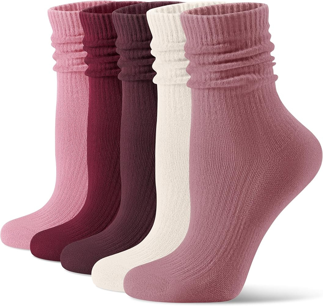CS CELERSPORT Crew Socks for Women, 5 Pack Retro Cotton Mid Calf Cushioned Slouchy Socks | Amazon (US)