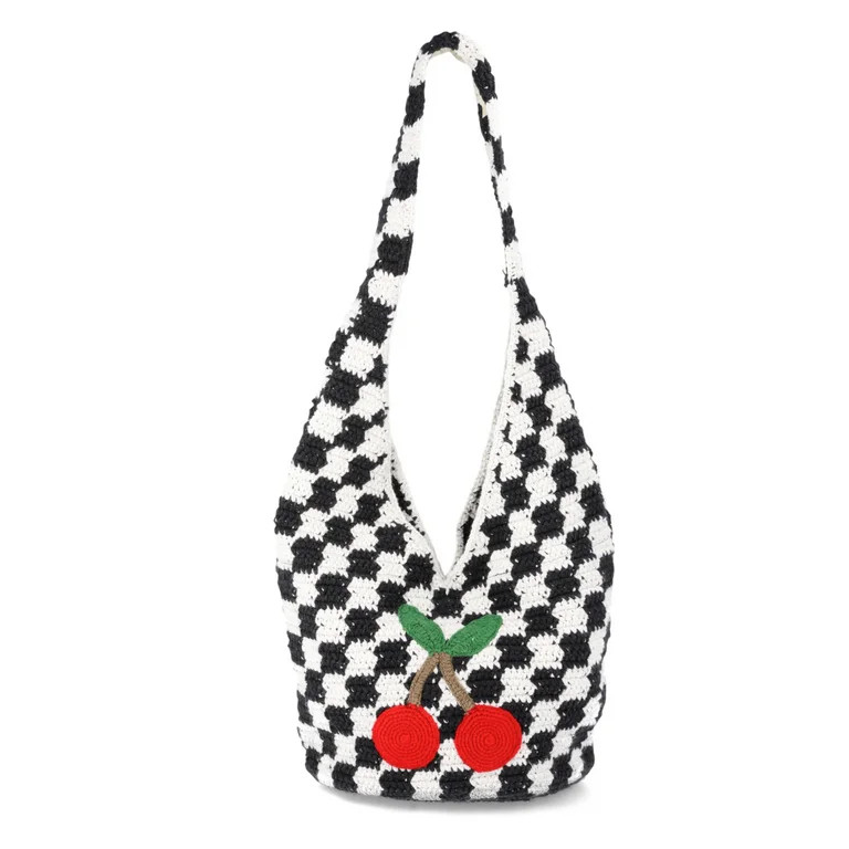No Boundaries Festival Crochet Hobo Bag, Black/White Checker Cherries, Women's | Walmart (US)