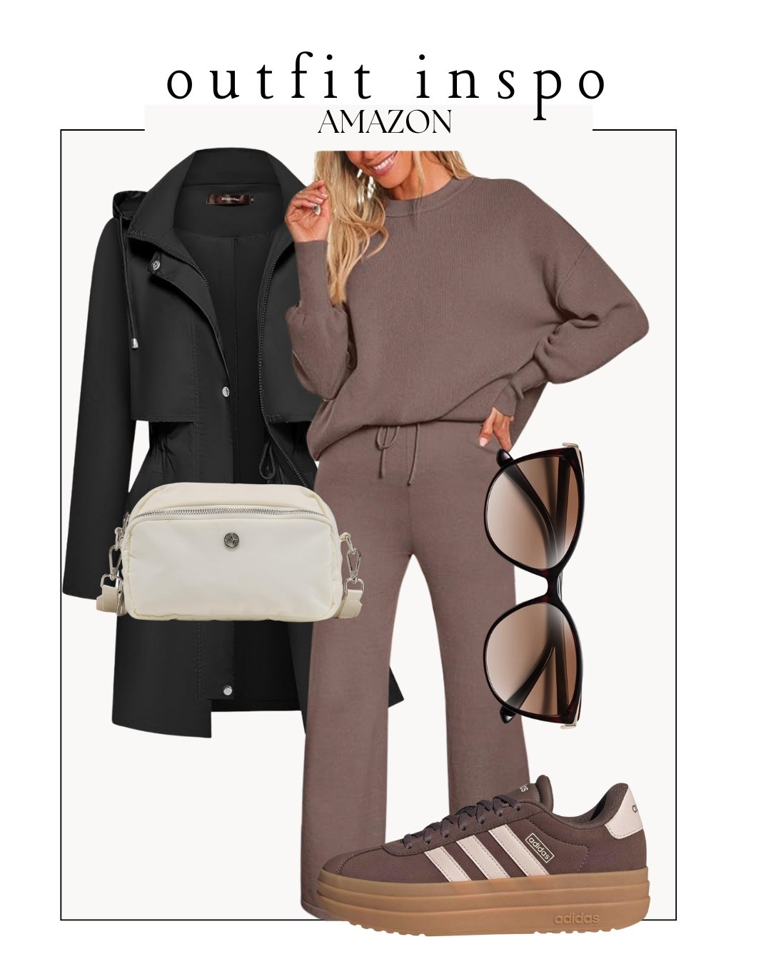 Brown 2 piece loungewear set, with a black rain jacket, belt bag, and brown adidas sneakers 






outfit inspo | outfit ideas | casual outfits amazon  |  amazon outfits every day | early spring outfits 
Rainy day outfit 
Travel outfit spring 

#LTKPetite #LTKootd #LTKSaleAlert