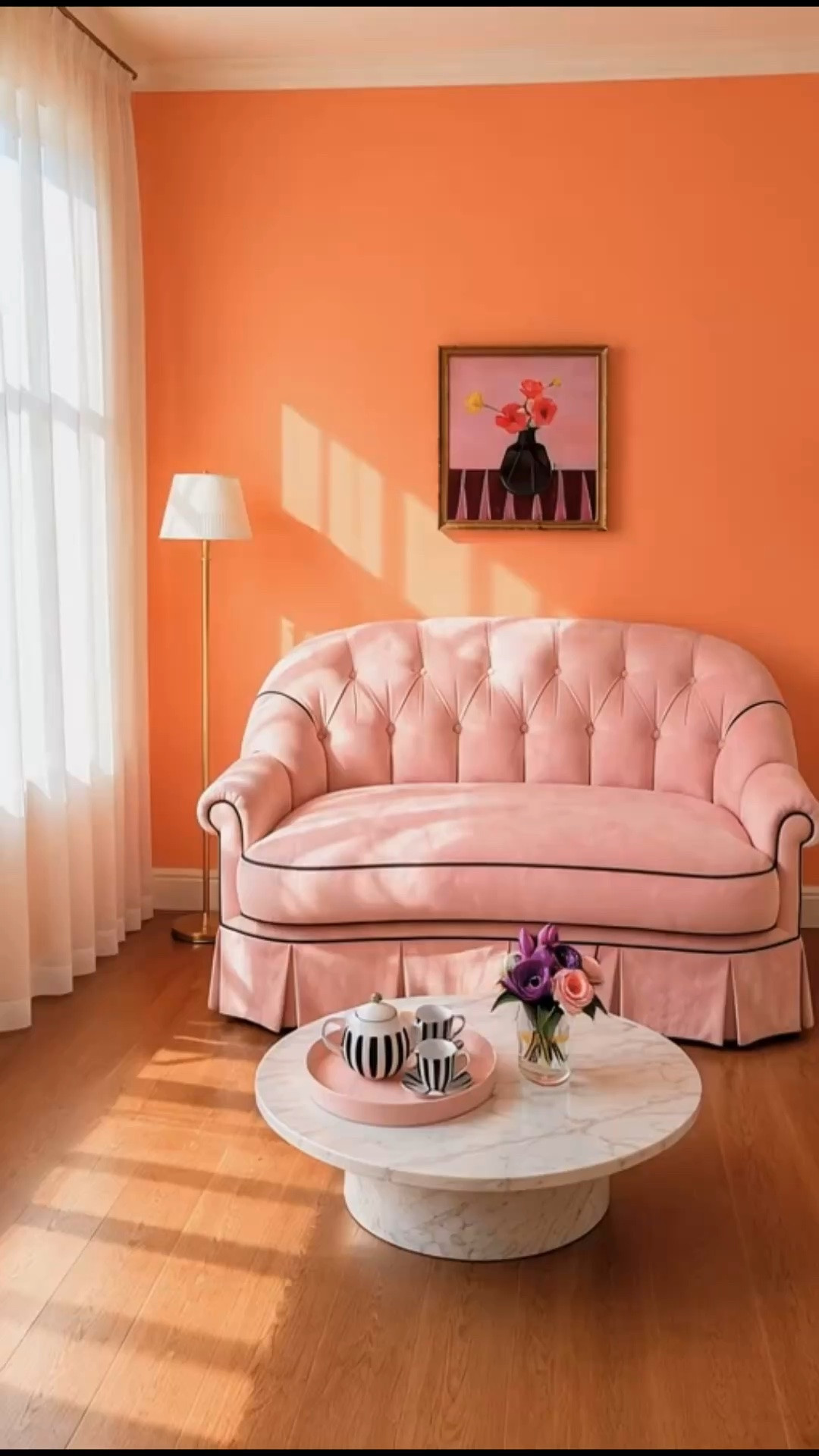 As the morning sunlight filters through elegant French-pleated sheer drapes, this bedroom corner comes alive with color.

The playful pairing of soft pink and vibrant orange creates an immediate sensory experience—warm, fashion-forward, cheerful, and full of uplifting energy. A skirted loveseat offers the perfect place to enjoy a quiet cup of morning coffee or tea while soaking in the glow.

A colorful space designed not only to be seen, but to be felt.

#loveseat #skirtedloveseat #art #coffeetable #sheerdrapes #floorlamp

#LTKdayinmylife #LTKHome #LTKvlog