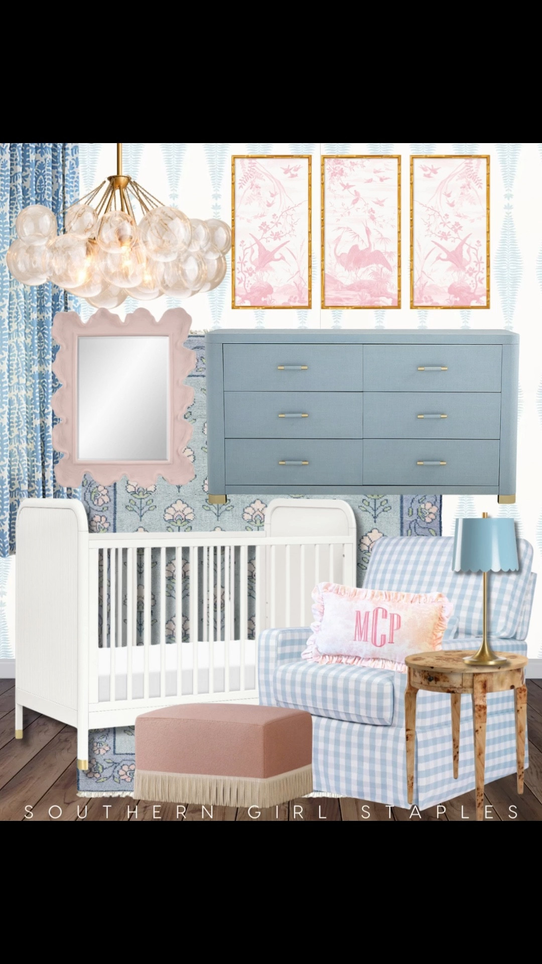 Non-traditional blue nursery with pink accents 🎀

Baby girl room
Monogram
Chandelier 
Window treatments 
Chinoiserie 
Grandmillenial 

#LTKBump #LTKBaby #LTKHome