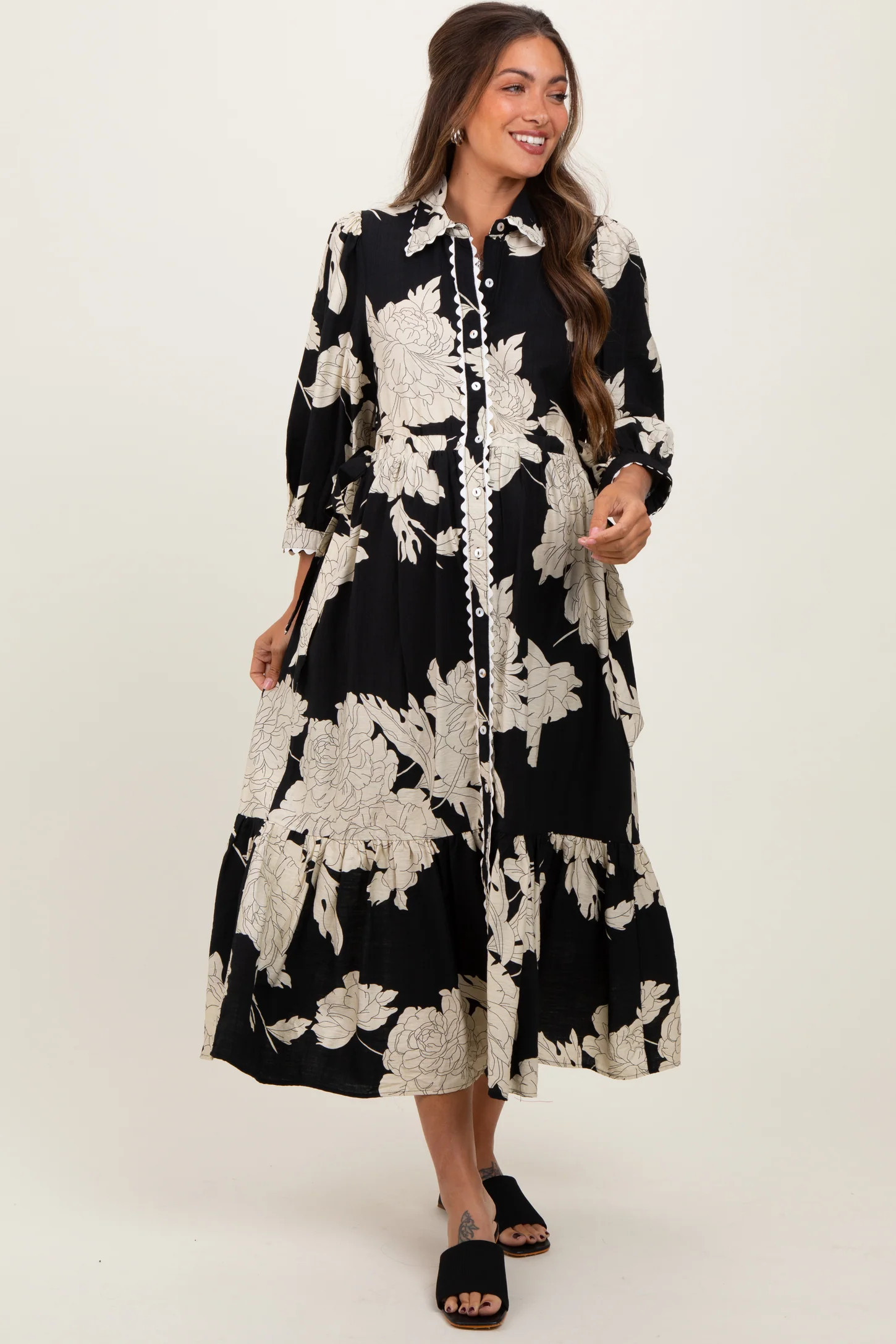 Black Floral Print Cinched Tie Waist Maternity Shirt Dress | PinkBlush Maternity