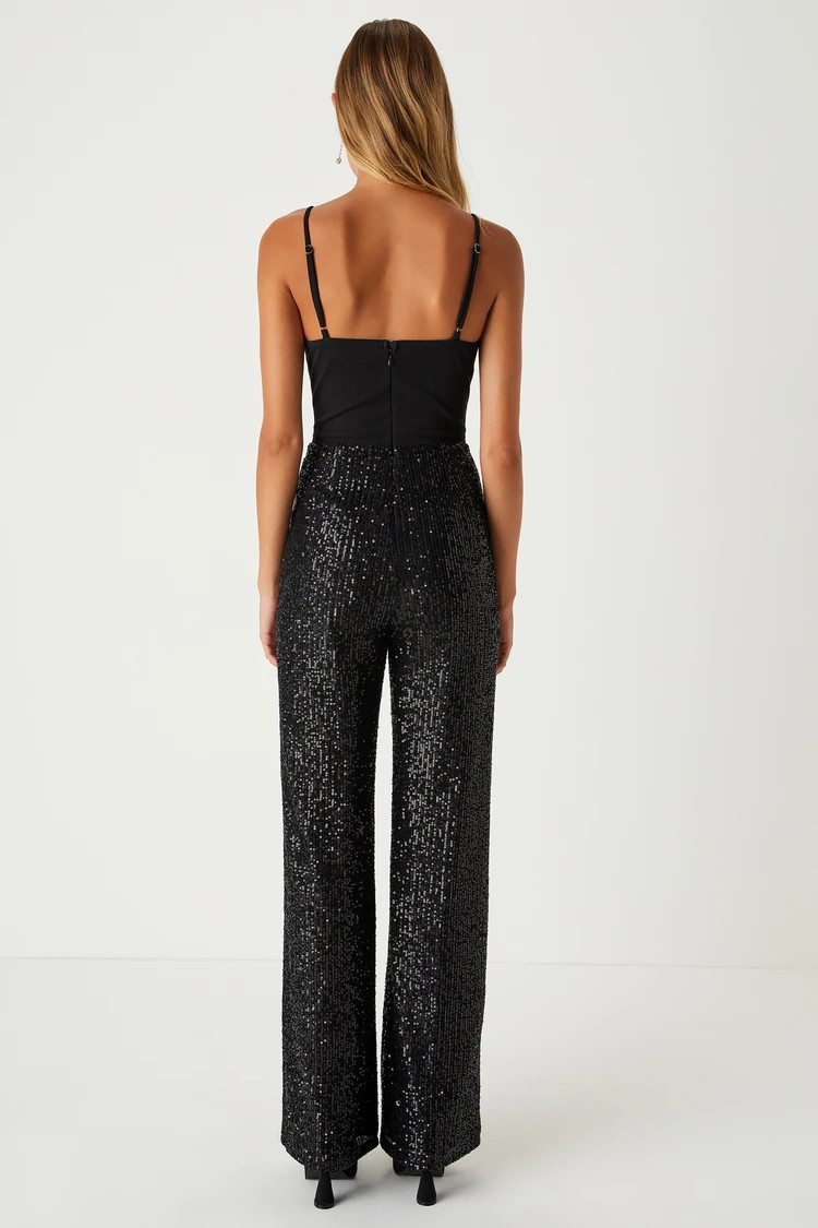 Dazzling Vision Black Sequin Sleeveless Wide-Leg Jumpsuit | Lulus