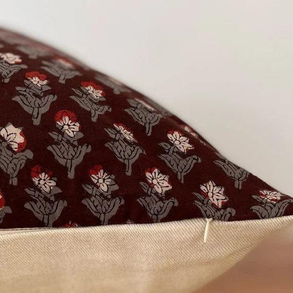 Hand block printed floral pillow cover,chocolate brown and gray floral pillow cover, 20x20”22x2... | Etsy (US)