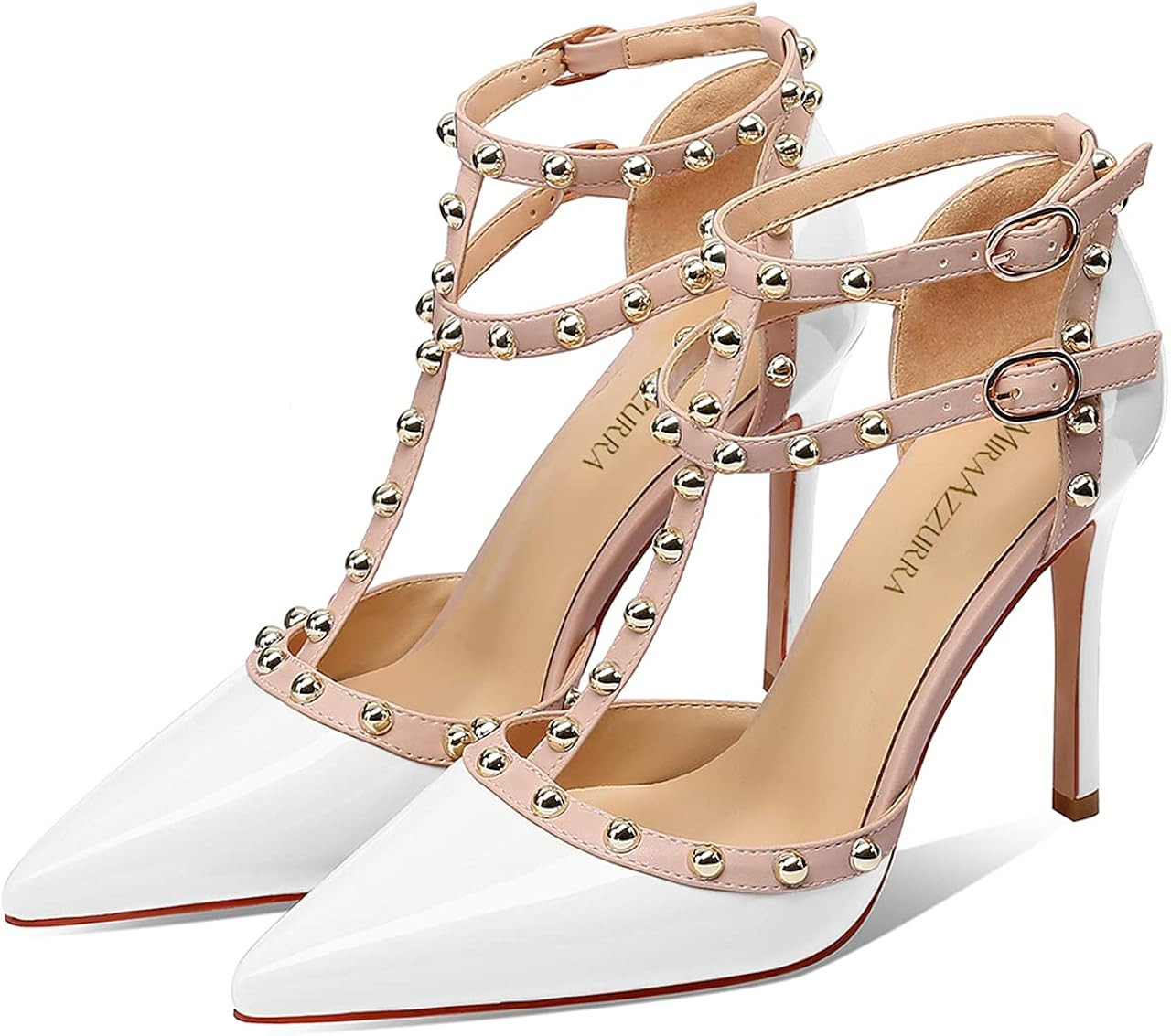 Amazon.com | MIRAAZZURRA Women Heeled Sandals Rivet Studded High Heels Stiletto T-Strap Pointed T... | Amazon (US)