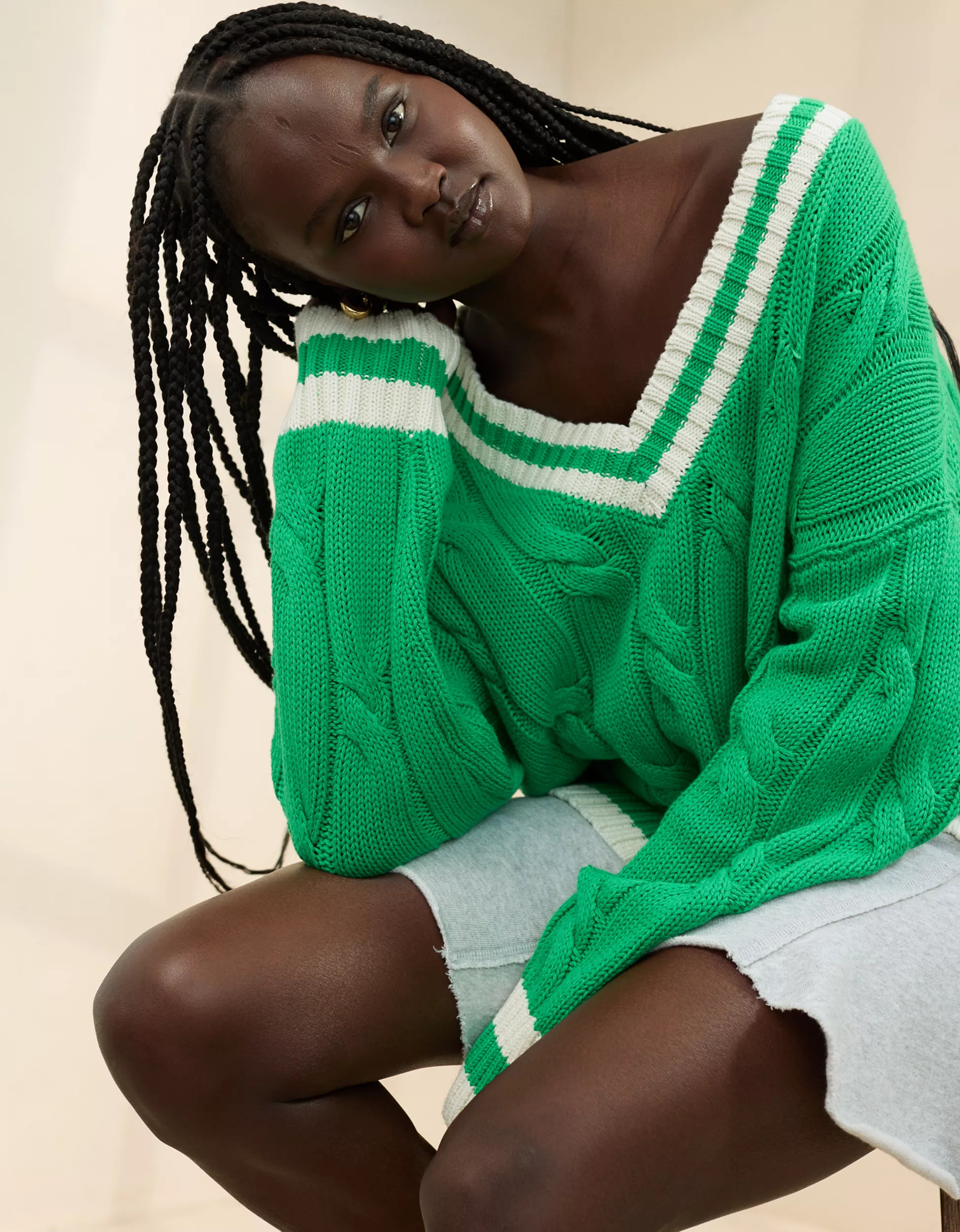 Aerie Cropped Cable V-Neck Sweater | Aerie