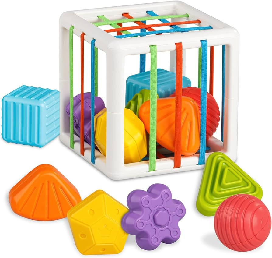 Aprilwolf Montessori Toys for 1 Year Old, Cube Bin & 6 Sensory Shape Blocks, Baby Toys 12-18 Mont... | Amazon (US)