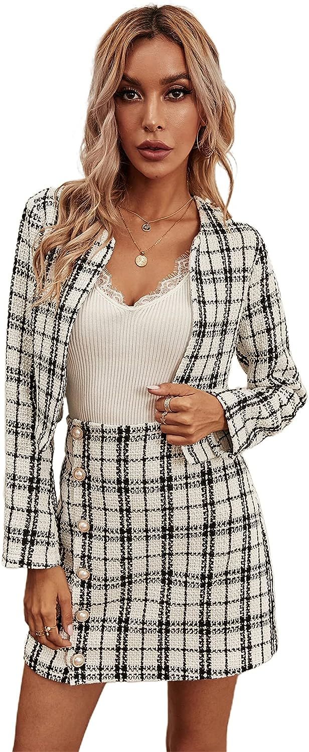 Floerns Women's 2 Piece Outfits Plaid Tweed Blazer Long Sleeve Jacket and Skirt Set | Amazon (US)