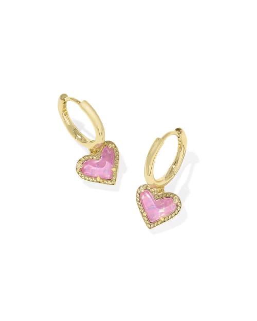 Ari Heart Gold Huggie Earrings in Pink Iridescent Glitter Glass | Kendra Scott