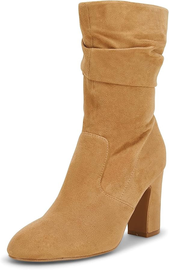 Coutgo Women's Mid Calf Slouchy Boots Suede High Heel Zip Stacked Chunky Block Round Toe Booties | Amazon (US)