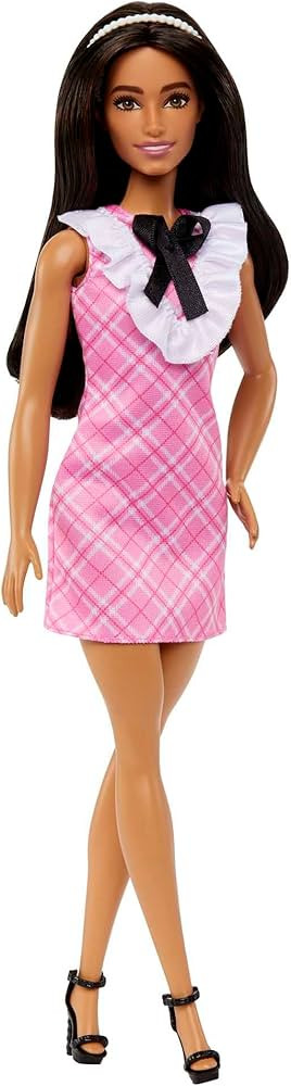 Barbie Fashionistas Doll #209 with Black Hair Wearing a Pink Plaid Dress, Pearlescent Headband an... | Amazon (US)