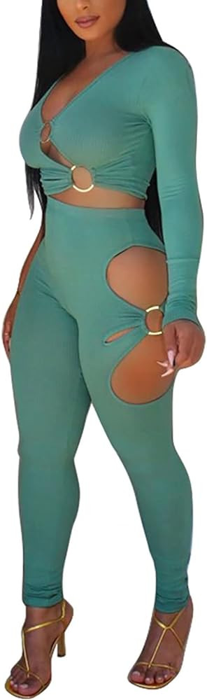 Mintsnow Women's Sexy Two Piece Outfits V Neck Ribbed Cut Out Long Sleeve Crop Top Bodycon Pants ... | Amazon (US)