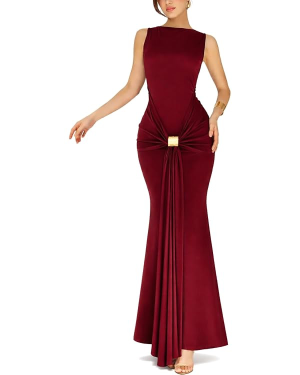 Women's Grace Maxi Dress Elegant Solid Bodycon Sleeveless Ruched Waist Metal Buckle Formal Weddin... | Amazon (US)