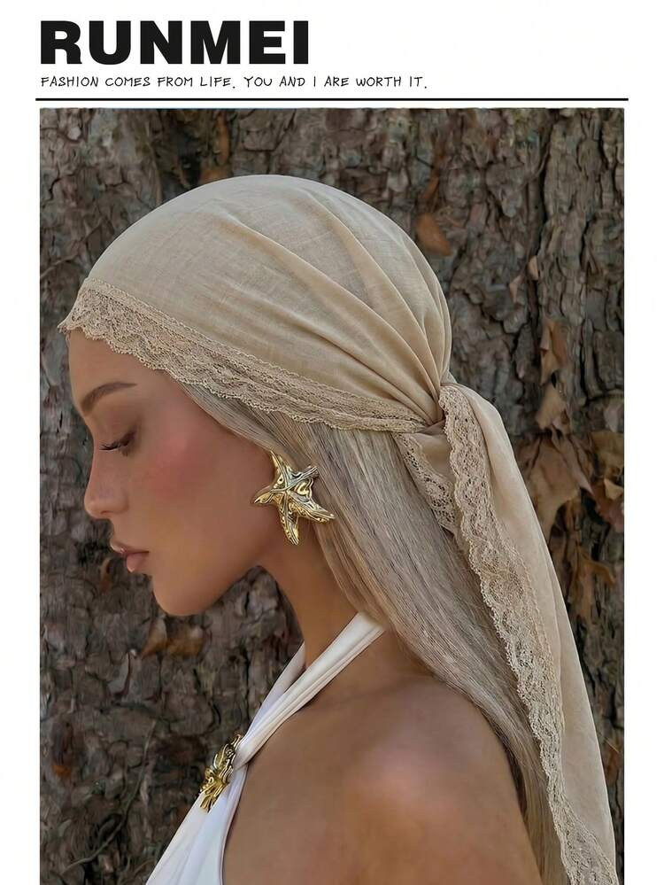 1pc Women's Elegant Solid Color Square Lace Trim Headscarf, Can Be Used As Headscarf, Shawl, Head... | SHEIN