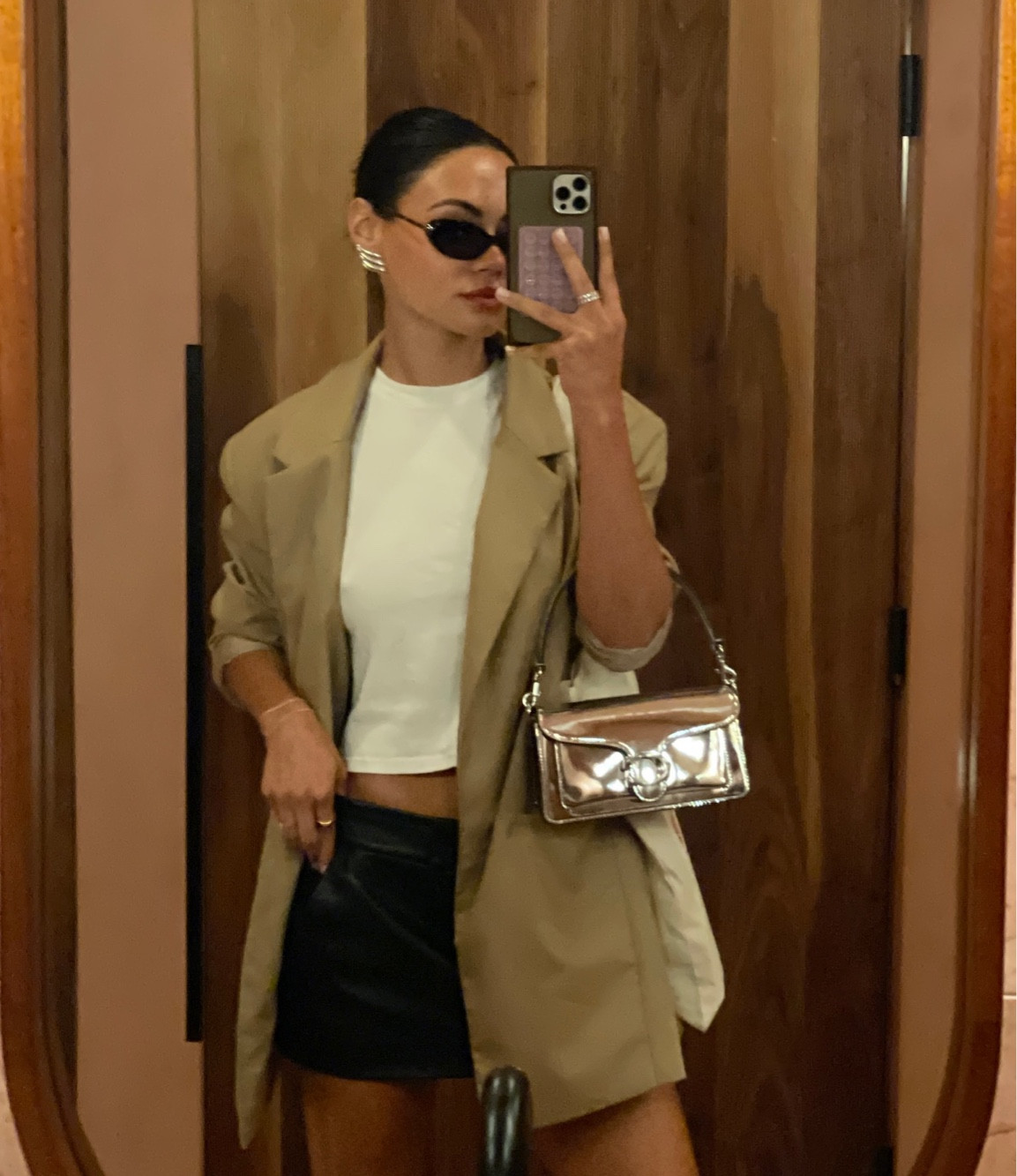Princess Polly lioness tan blazer, white tee, lacademie revolve leather shorts, black eye but direct oval sunnies 

#LTKstyletip #LTKSeasonal #LTKfindsunder50