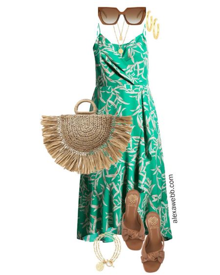 Plus Size Summer Dresses 6 - An easy casual summer outfit with a green wrap midi dress, chunky gold hoop earrings, and a raffia clutch. Alexa Webb

#LTKPlusSize #LTKStyleTip #LTKSeasonal
