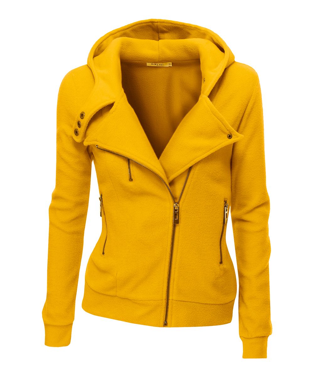 Doublju Women's Fleece Jackets MUSTARD - Mustard Fitted Fleece Moto Jacket - Women | Zulily