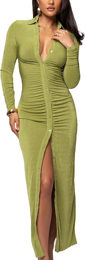 YouSexy Women's Sexy Button Down Ruched Stretchy Maxi Dress Long Sleeve Party Club Long Dresses | Amazon (US)