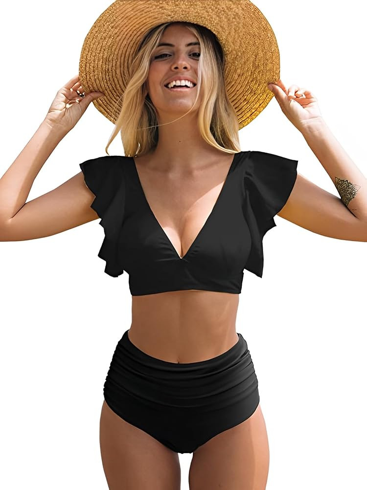 Women Ruffle High Waisted Swimsuit Two Piece Tropical Print Swimsuit Push Up Bathing Suit | Amazon (US)