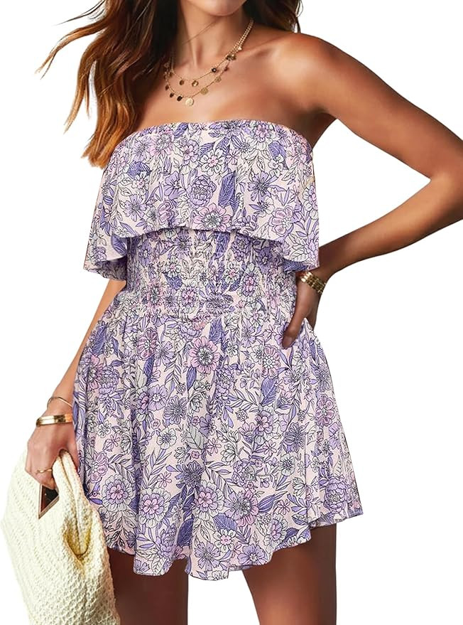AIMCOO Women's Rompers Summer Strapless Floral Print Off Shoulder Boho Flowy Ruffle Hem Shorts Ju... | Amazon (US)