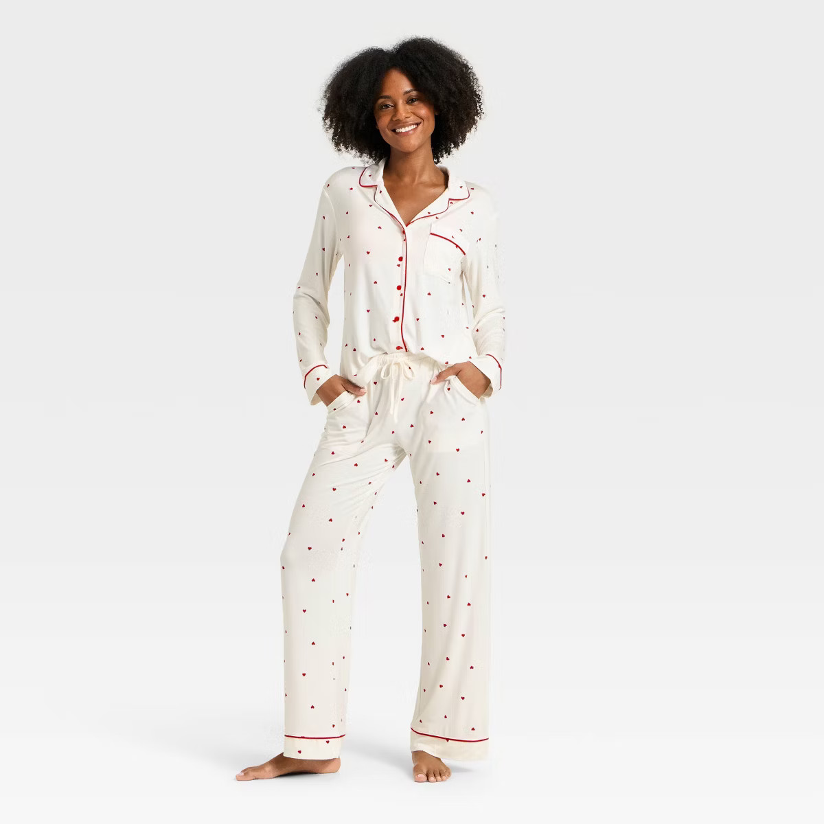 Women's Cloud Knit Modal Long Sleeve Notch Collar Top and Pants Pajama Set - Auden™ Red Hearts ... | Target