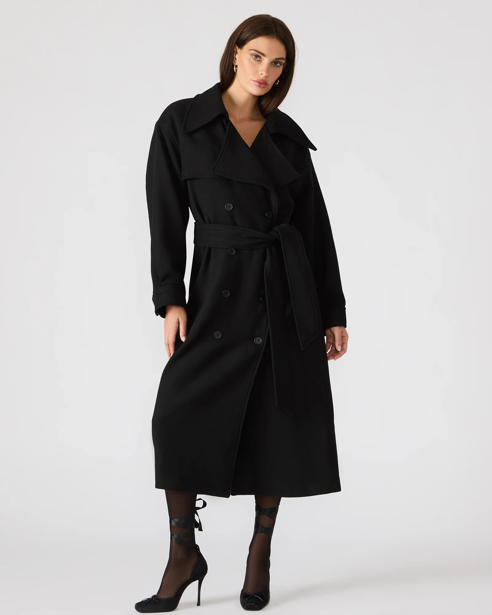 ENORA Black Long-Sleeved Button-Up Collared Women's Trench Coat | Steve Madden (US)