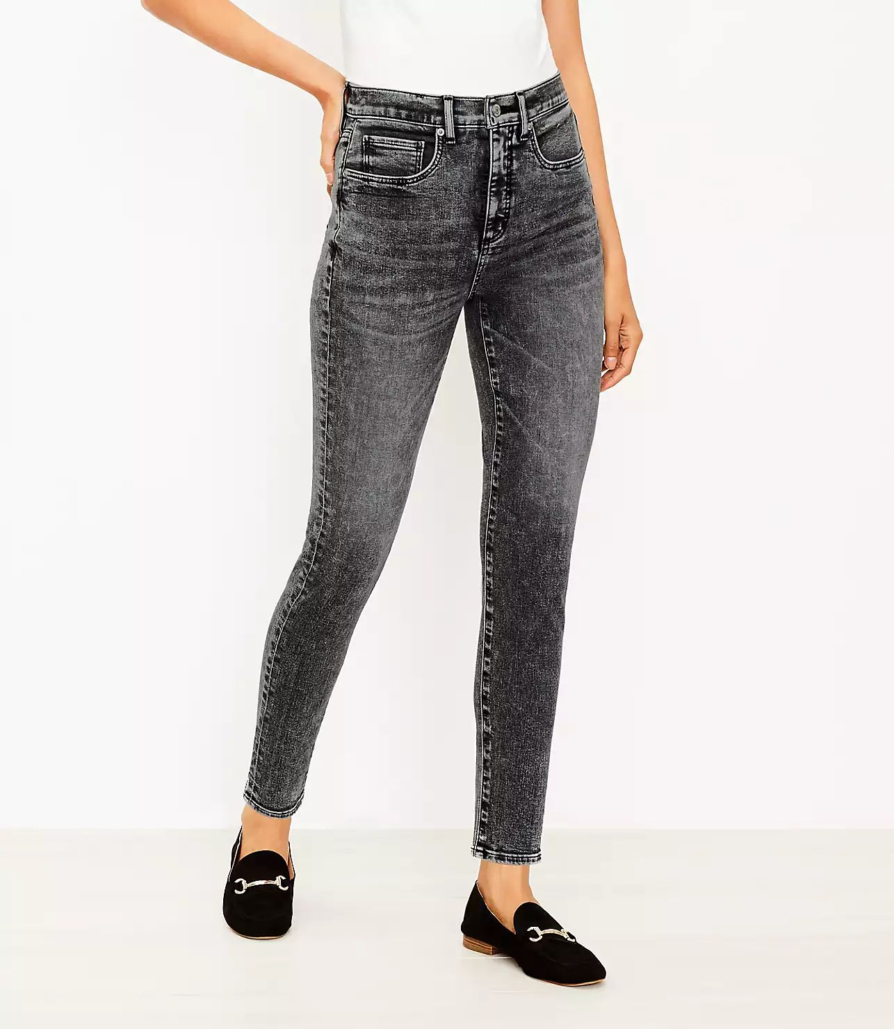 Petite High Rise Skinny Jeans in Washed Black Wash | LOFT