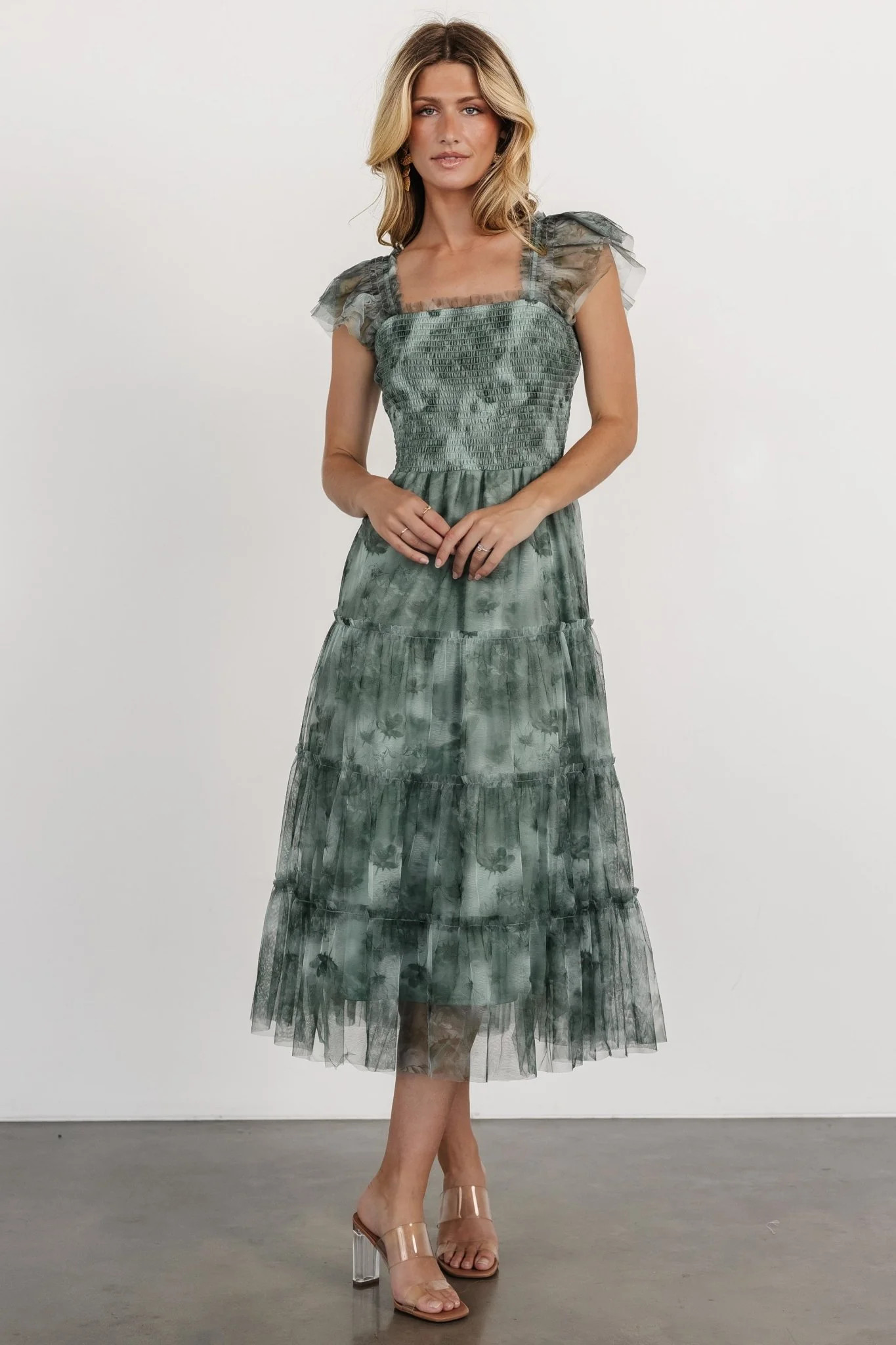 Clementine Tulle Midi Dress | Dusty Green Print | Baltic Born
