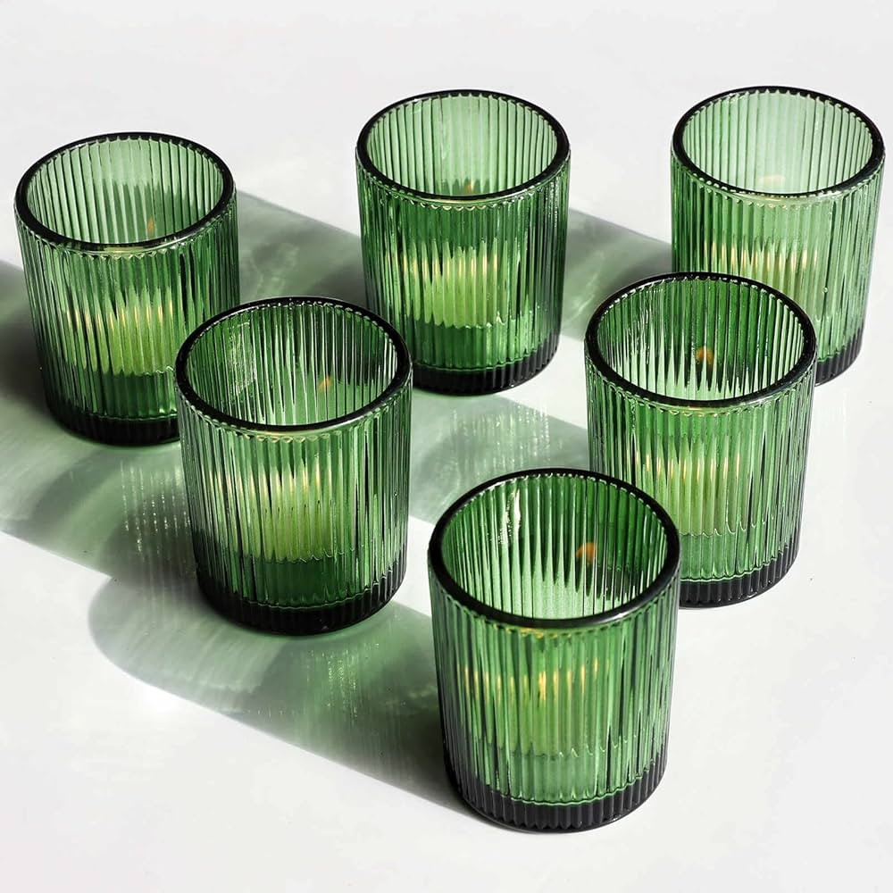 VOHO 12pcs Candle Holder Ribbed Glass, Green Votive Candle Holders for Wedding Party Table Center... | Amazon (US)